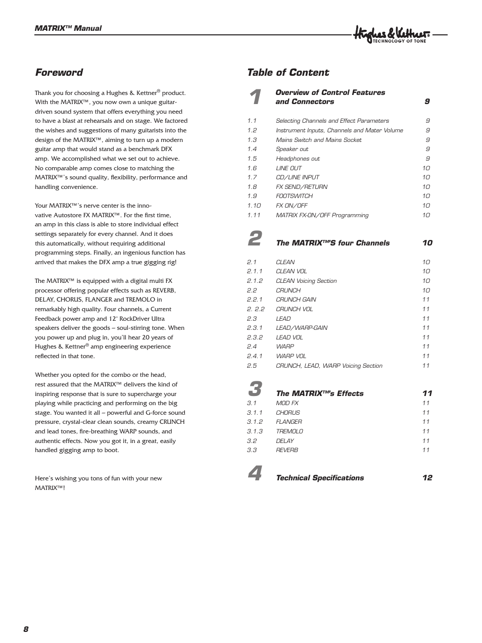Foreword, Table of content | Hughes & Kettner 100 Combo User Manual | Page 8 / 32