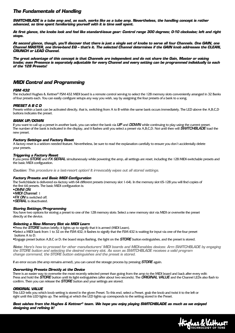 The fundamentals of handling, Midi control and programming | Hughes & Kettner Switchblade Tube Amp Revolution User Manual | Page 2 / 16