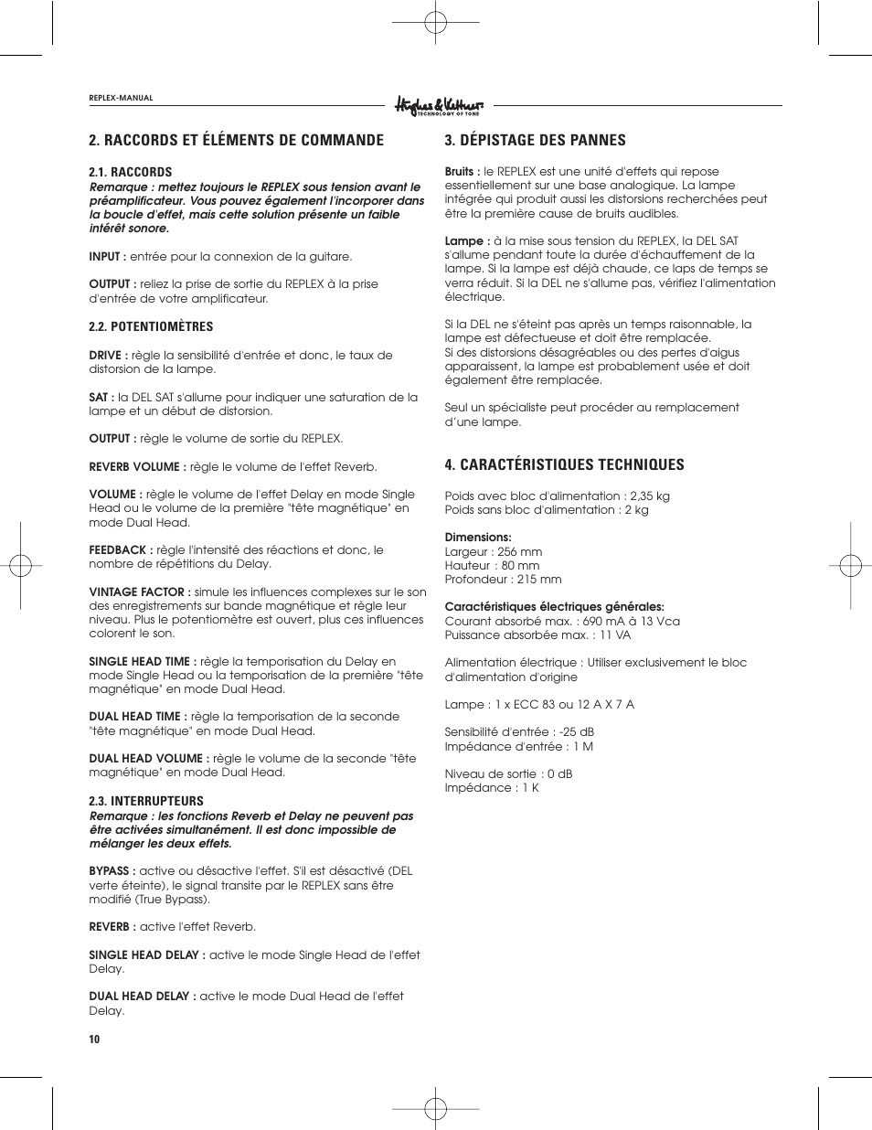 Raccords et éléments de commande, Dépistage des pannes, Caractéristiques techniques | Hughes & Kettner Tape Delay Simulator User Manual | Page 10 / 16