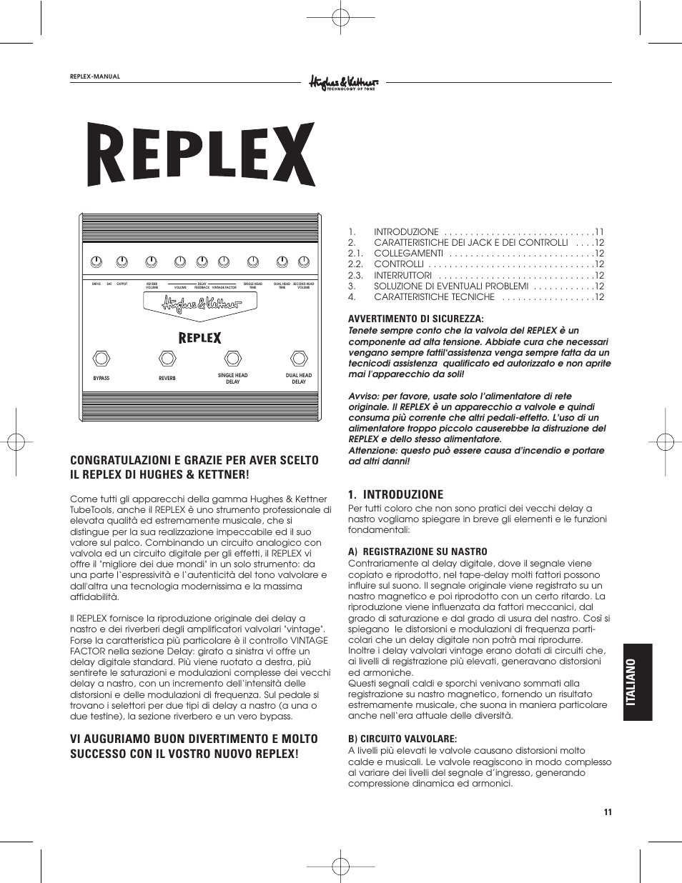 Introduzione, Avvertimento di sicurezza, A) registrazione su nastro | B) circuito valvolare | Hughes & Kettner Tape Delay Simulator User Manual | Page 11 / 16