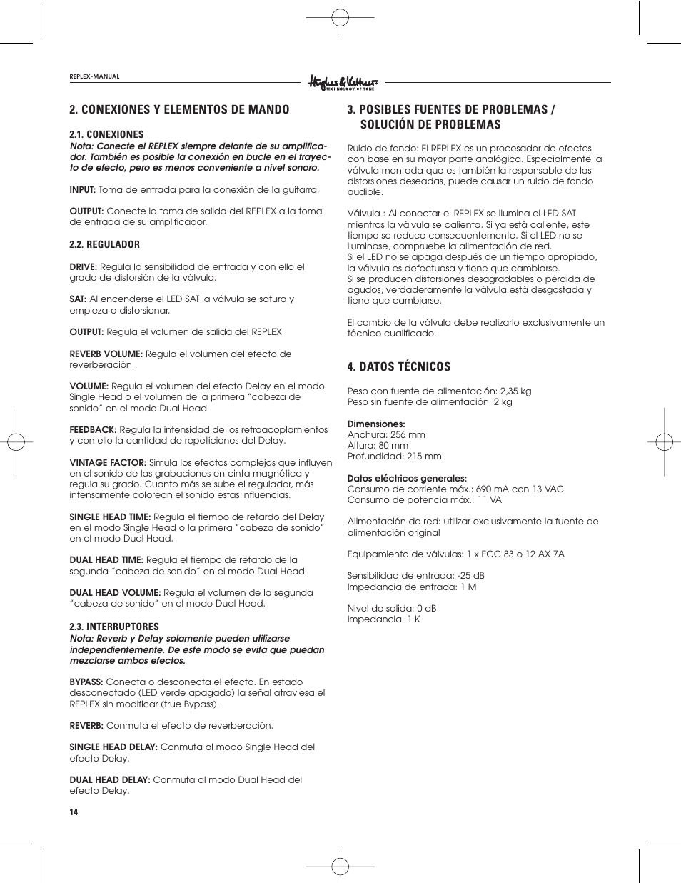 Conexiones y elementos de mando, Datos técnicos | Hughes & Kettner Tape Delay Simulator User Manual | Page 14 / 16