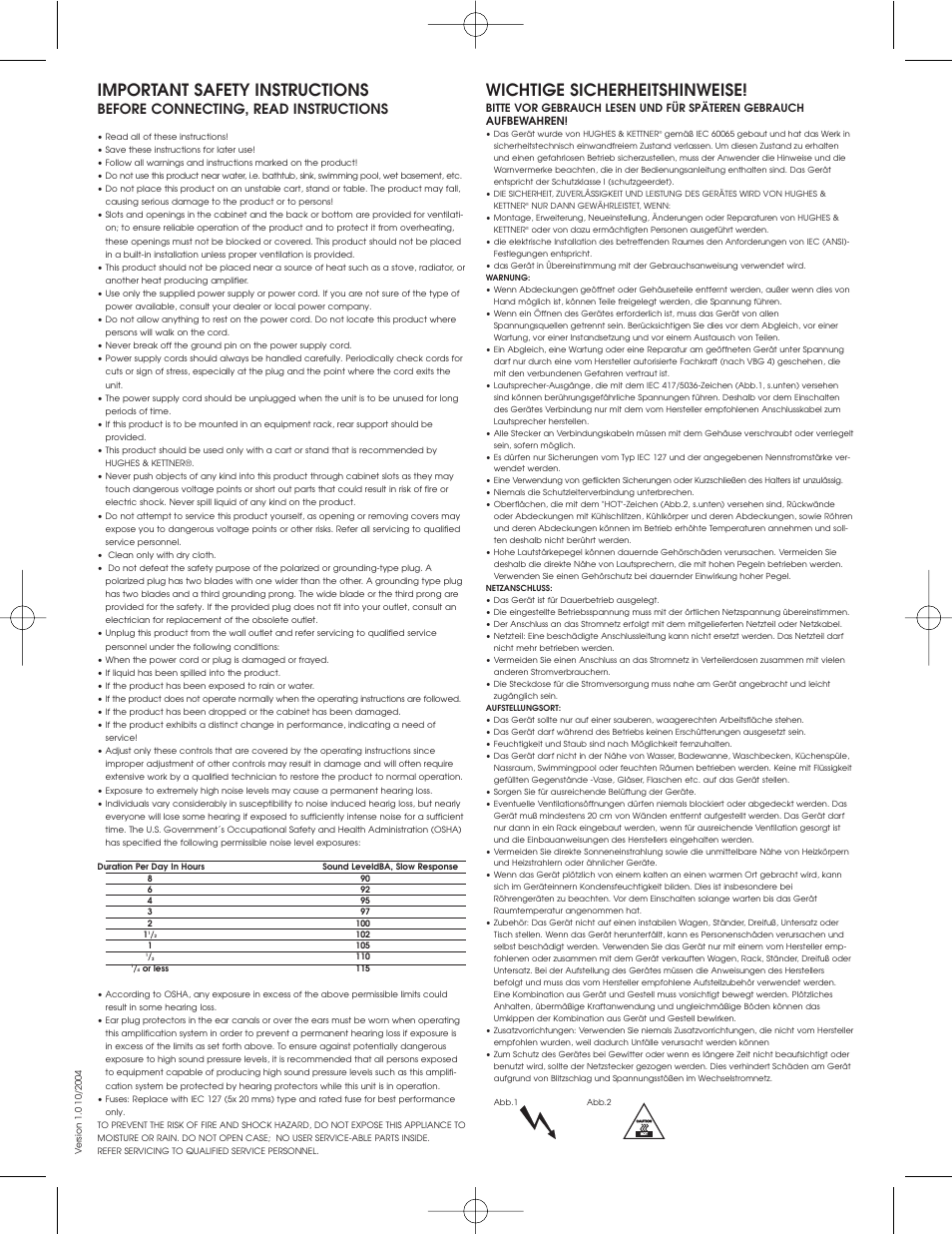 Important safety instructions, Wichtige sicherheitshinweise, Before connecting, read instructions | Hughes & Kettner Tape Delay Simulator User Manual | Page 2 / 16