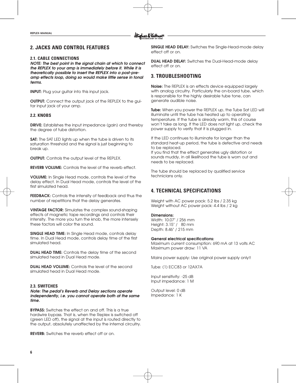 Jacks and control features, Troubleshooting, Technical specifications | Hughes & Kettner Tape Delay Simulator User Manual | Page 6 / 16