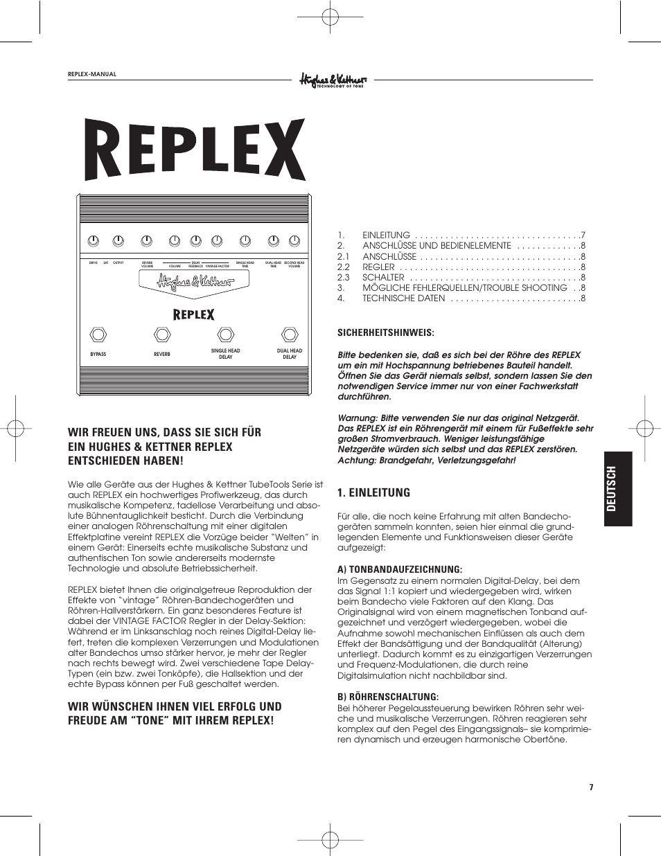 Einleitung, Sicherheitshinweis, A) tonbandaufzeichnung | B) röhrenschaltung | Hughes & Kettner Tape Delay Simulator User Manual | Page 7 / 16