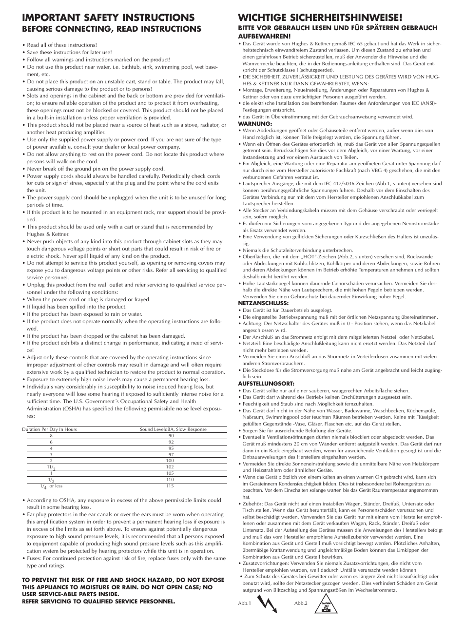 Important safety instructions, Wichtige sicherheitshinweise, Before connecting, read instructions | Hughes & Kettner ATTAX 50 User Manual | Page 2 / 36