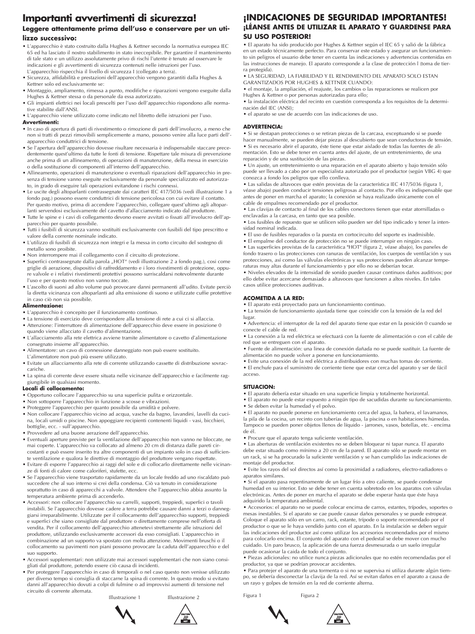 Importanti avvertimenti di sicurezza, Indicaciones de seguridad importantes | Hughes & Kettner ATTAX 50 User Manual | Page 4 / 36