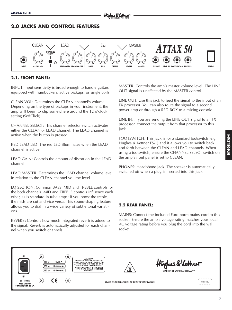 Hughes & Kettner ATTAX 50 User Manual | Page 7 / 36