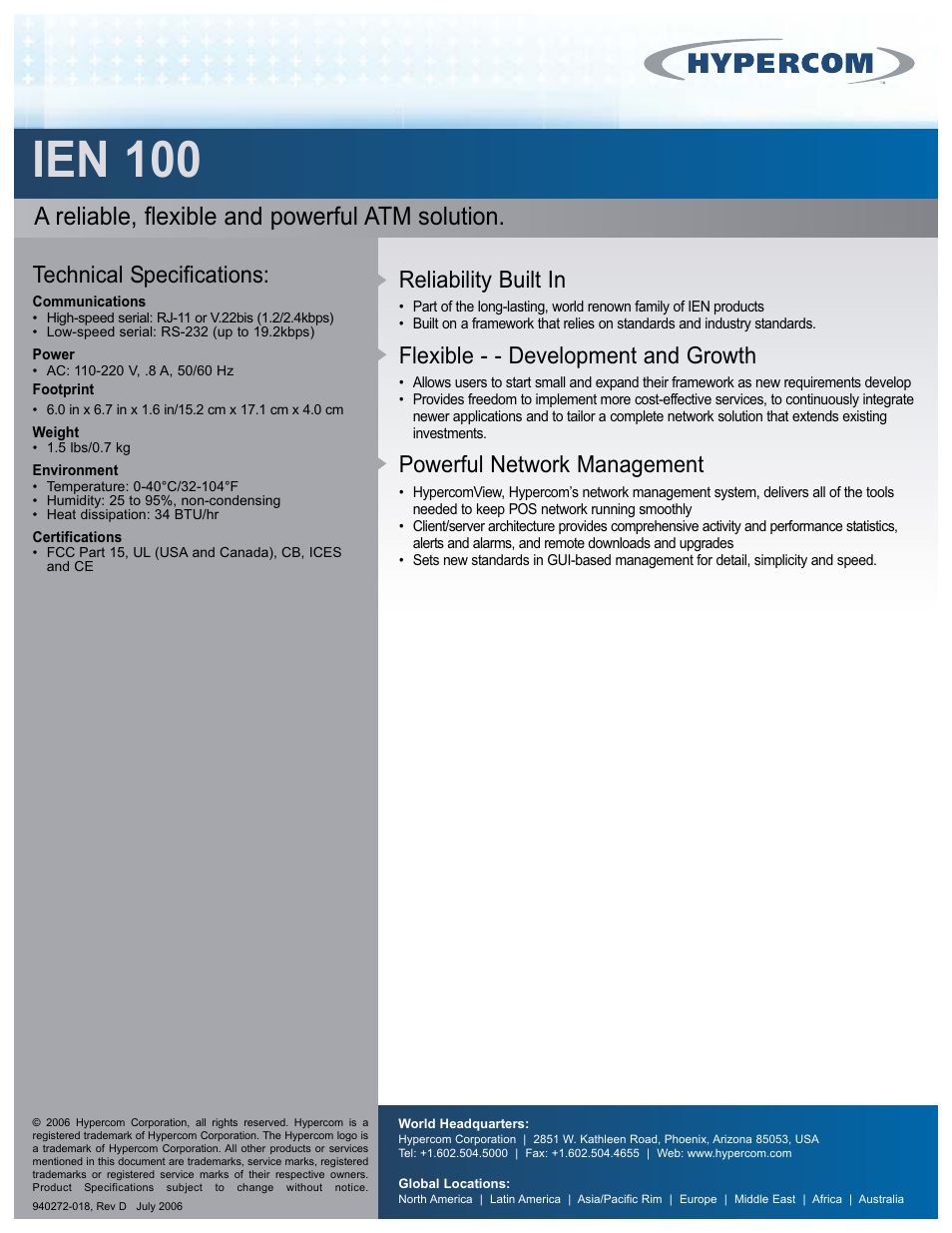 Ien 100, A reliable, flexible and powerful atm solution, Reliability built in | Flexible - - development and growth, Powerful network management, Technical specifications | Hypercom IEN 100 User Manual | Page 2 / 2