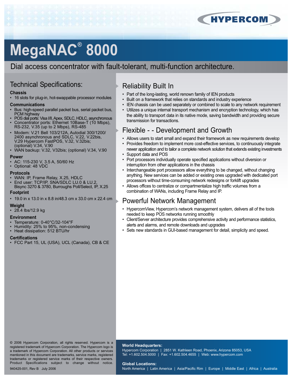 Meganac, Reliability built in, Flexible - - development and growth | Powerful network management, Technical specifications | Hypercom MegaNAC 8000 User Manual | Page 2 / 2
