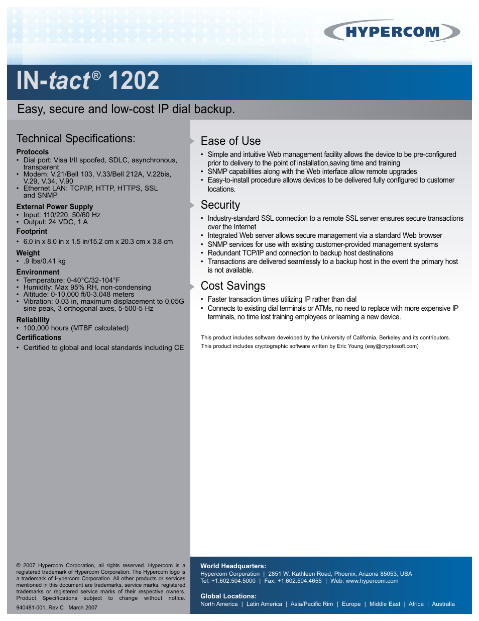 In- tact, Easy, secure and low-cost ip dial backup, Ease of use | Security, Cost savings, Technical specifications | Hypercom IN-tact 1202 User Manual | Page 2 / 2