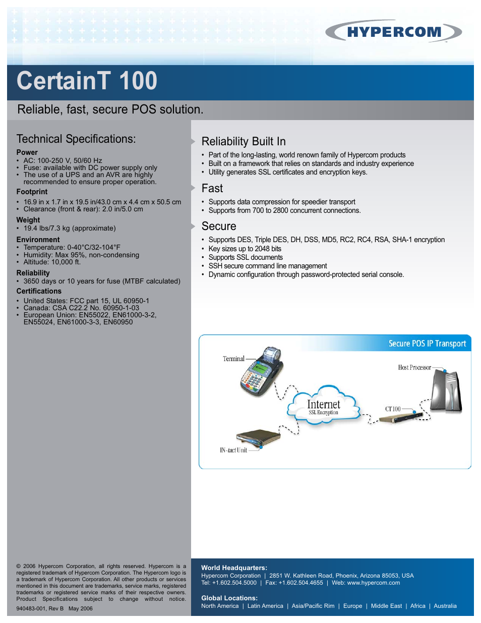 Certaint 100, Reliable, fast, secure pos solution, Reliability built in | Fast, Secure, Technical specifications | Hypercom CertainT 100 User Manual | Page 2 / 2