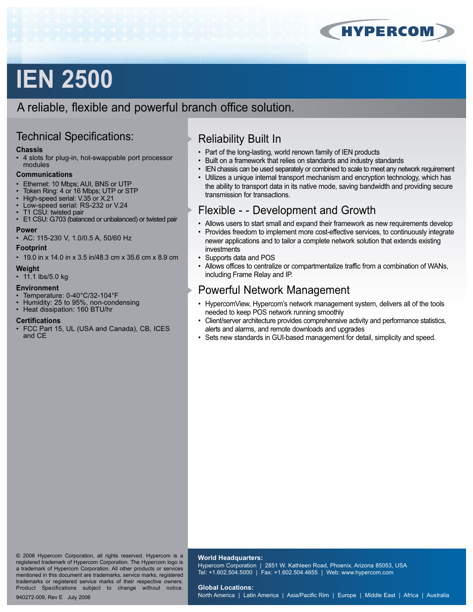 Ien 2500, Reliability built in, Flexible - - development and growth | Powerful network management, Technical specifications | Hypercom IEN2500 User Manual | Page 2 / 2