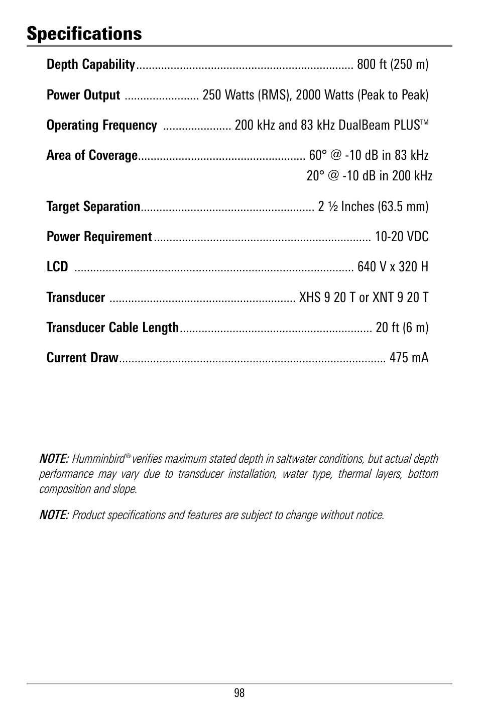 Specifications | Humminbird 580 User Manual | Page 105 / 134