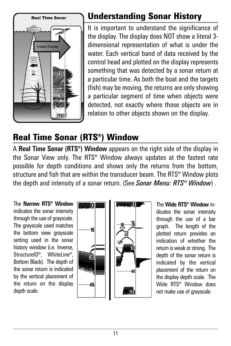 Understanding sonar history, Real time sonar (rts®) window | Humminbird 580 User Manual | Page 18 / 134