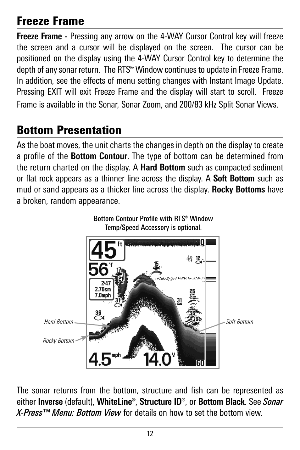 Freeze frame, Bottom presentation | Humminbird 580 User Manual | Page 19 / 134