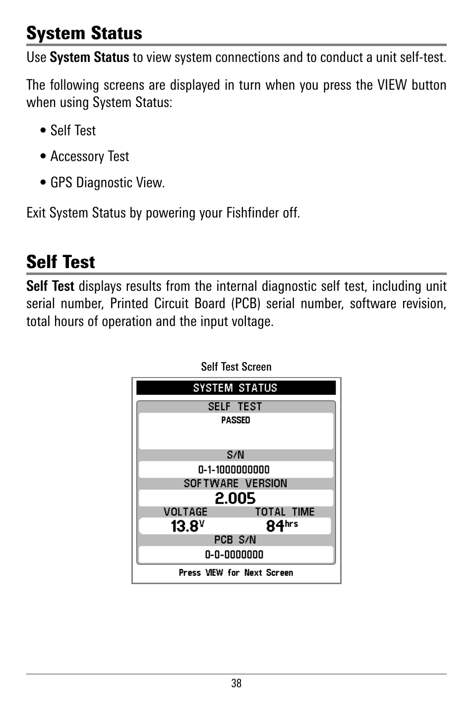 System status, Self test | Humminbird 580 User Manual | Page 45 / 134