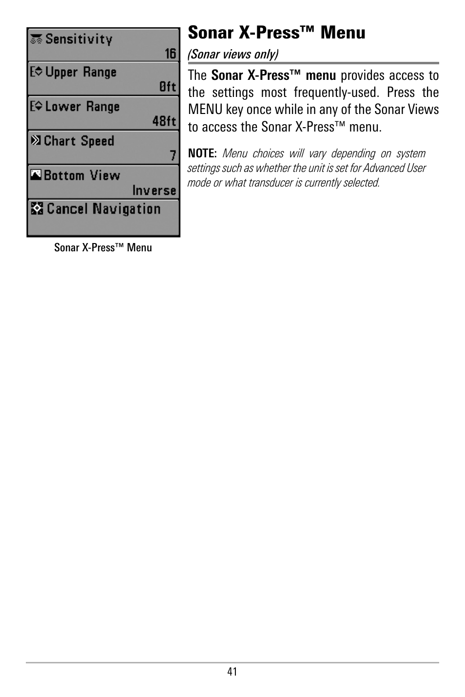 Sonar x-press™ menu | Humminbird 580 User Manual | Page 48 / 134