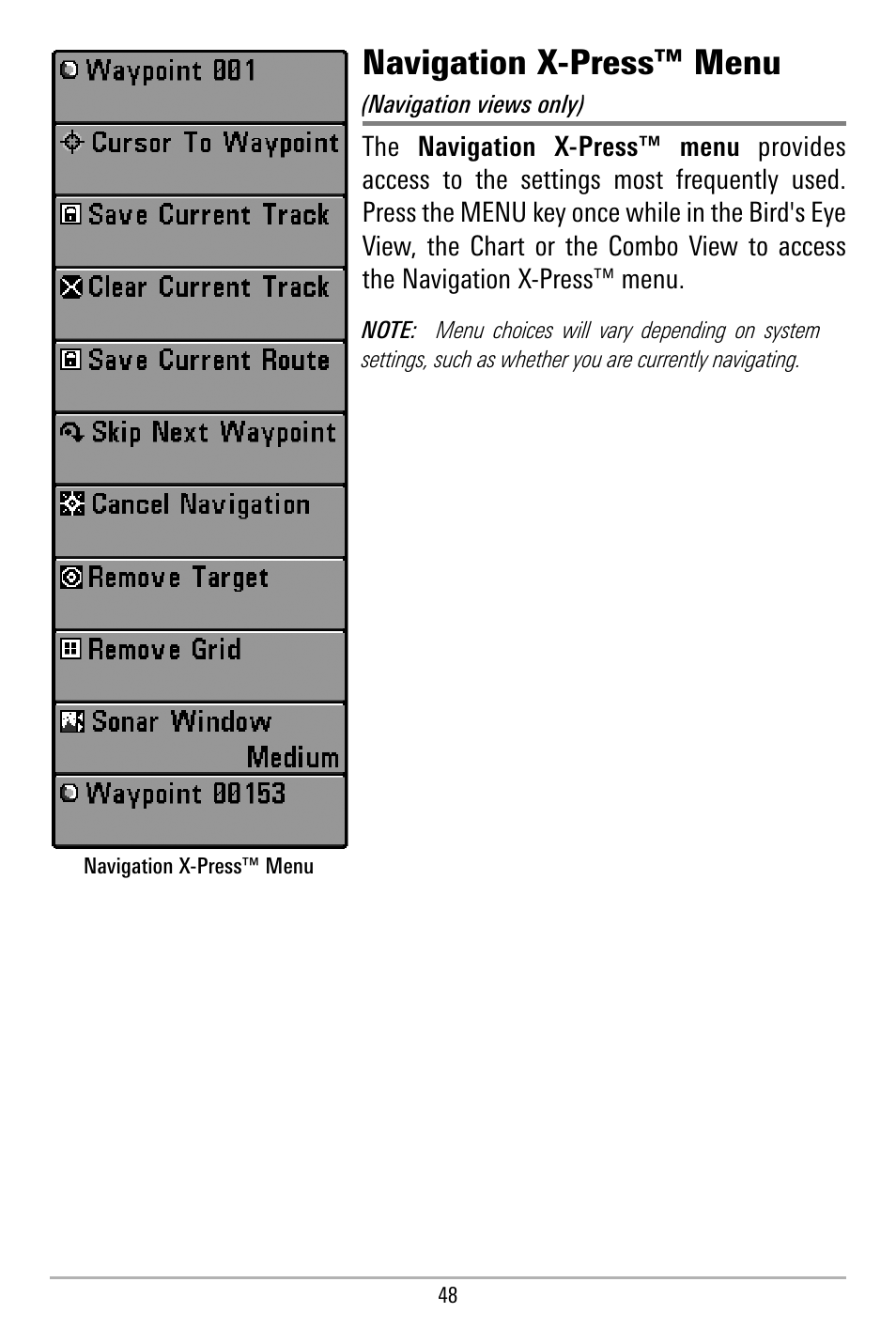 Navigation x-press™ menu | Humminbird 580 User Manual | Page 55 / 134