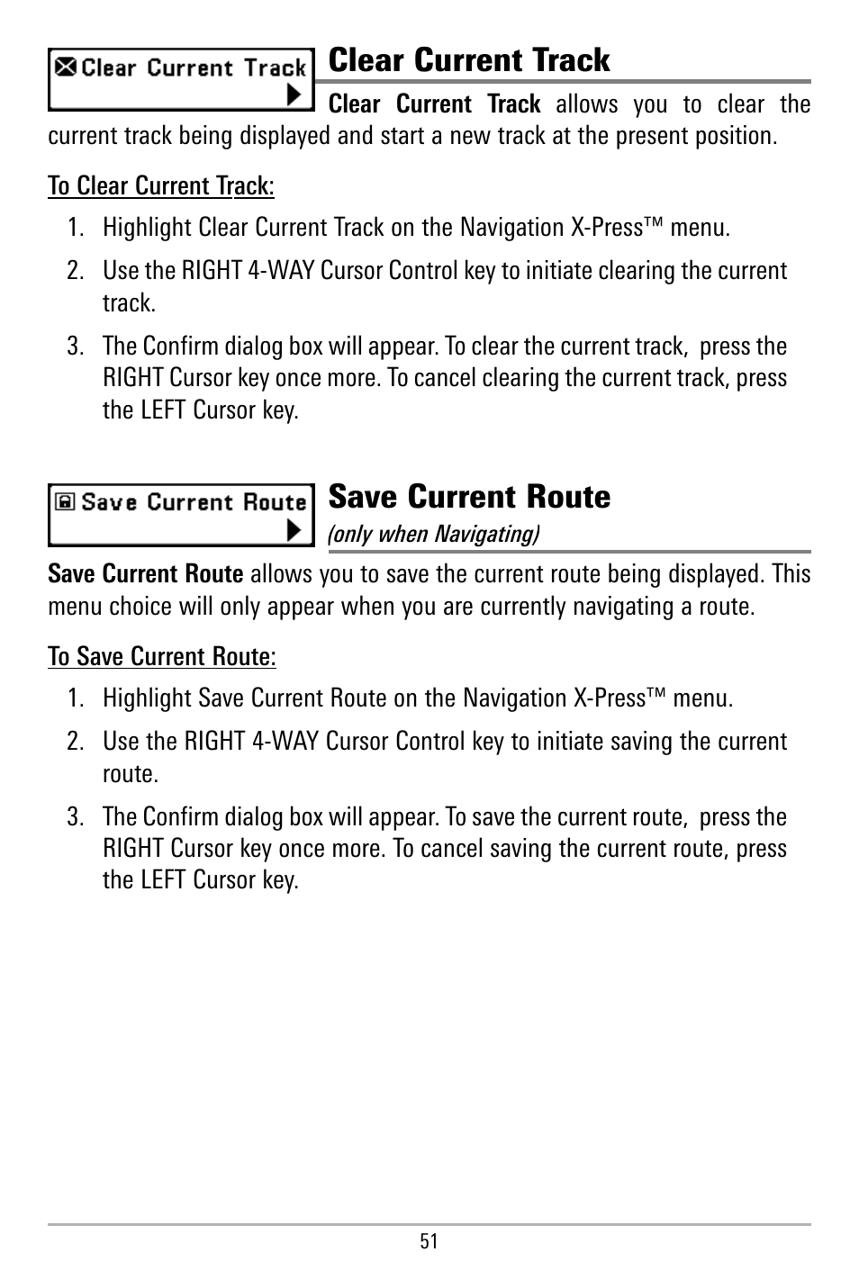 Clear current track, Save current route | Humminbird 580 User Manual | Page 58 / 134