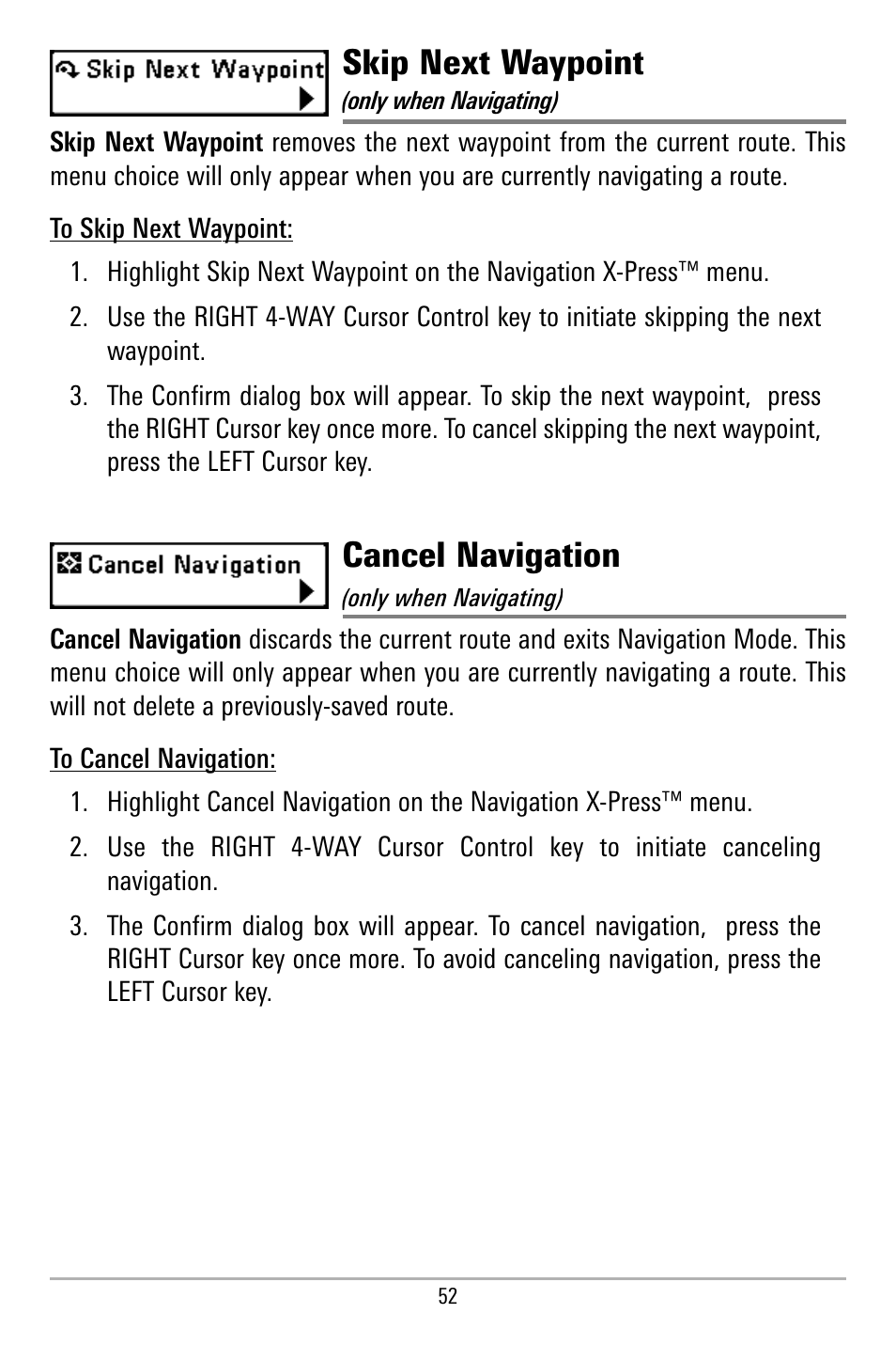 Skip next waypoint, Cancel navigation | Humminbird 580 User Manual | Page 59 / 134