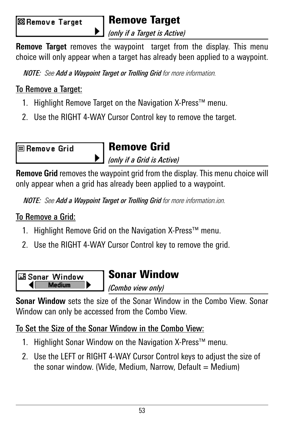 Remove target, Remove grid, Sonar window | Humminbird 580 User Manual | Page 60 / 134