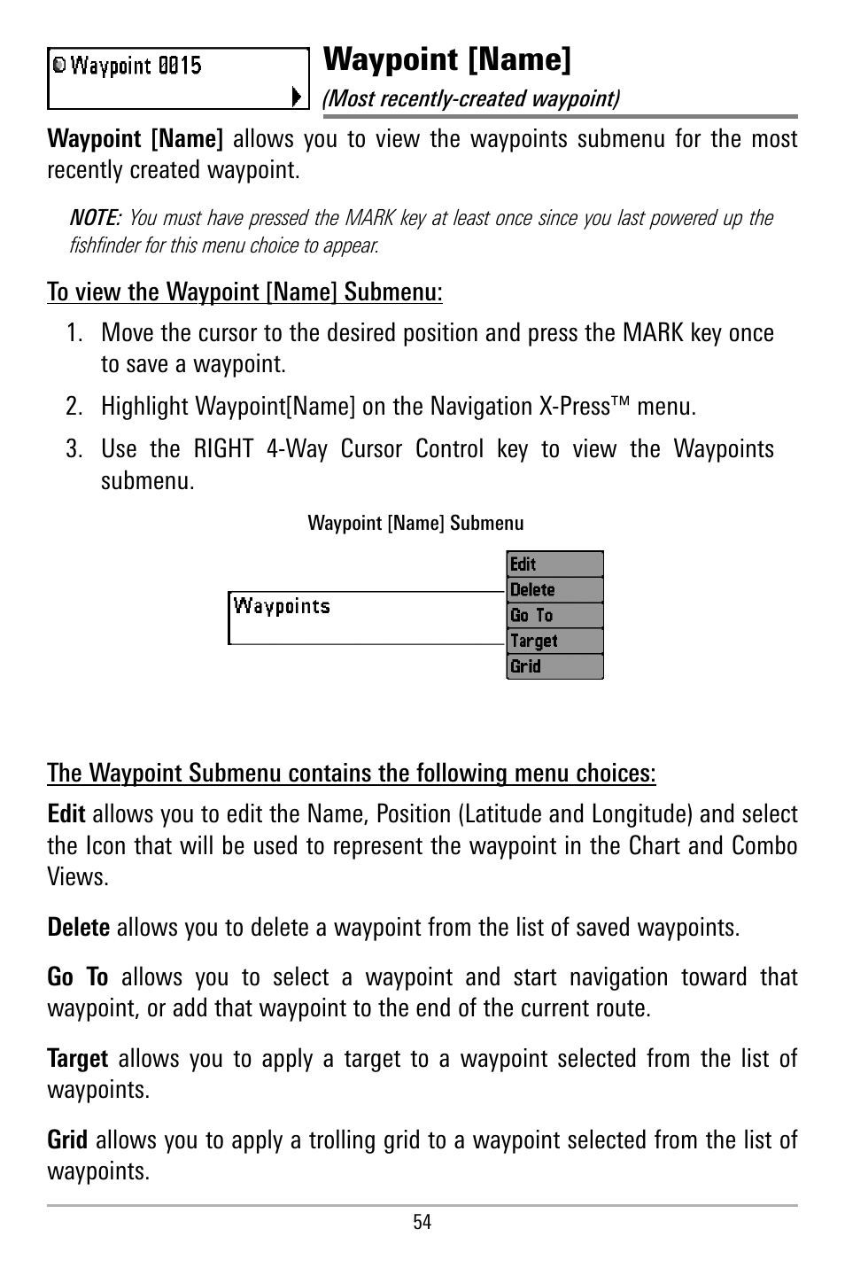 Waypoint [name | Humminbird 580 User Manual | Page 61 / 134