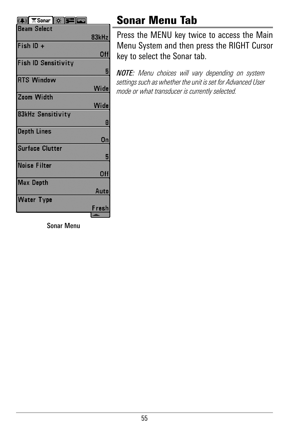 Sonar menu tab | Humminbird 580 User Manual | Page 62 / 134