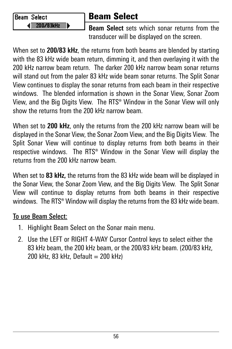 Beam select | Humminbird 580 User Manual | Page 63 / 134