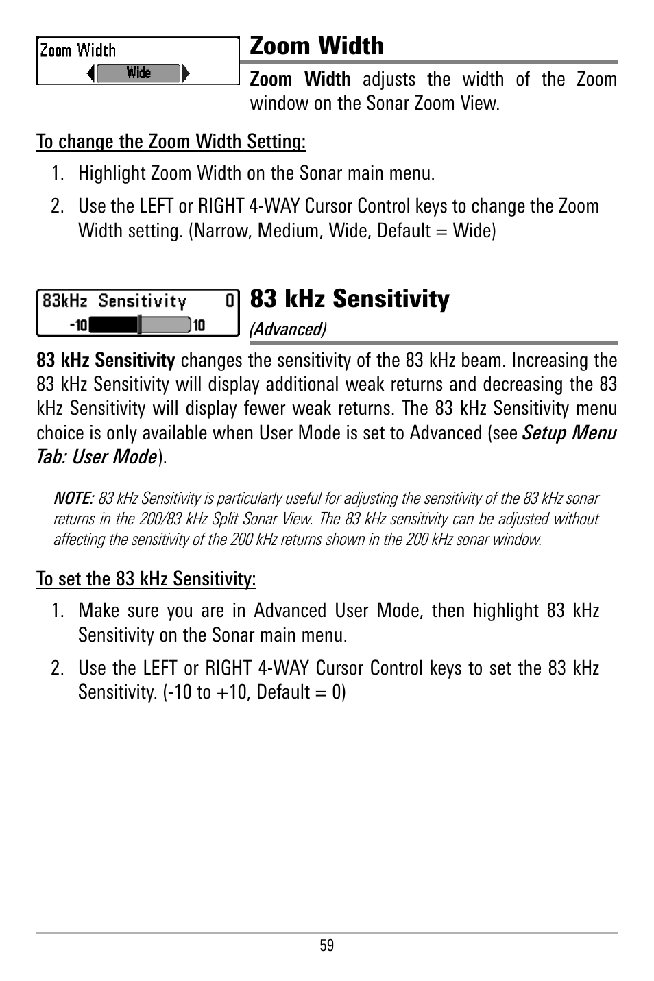 Zoom width, 83 khz sensitivity | Humminbird 580 User Manual | Page 66 / 134