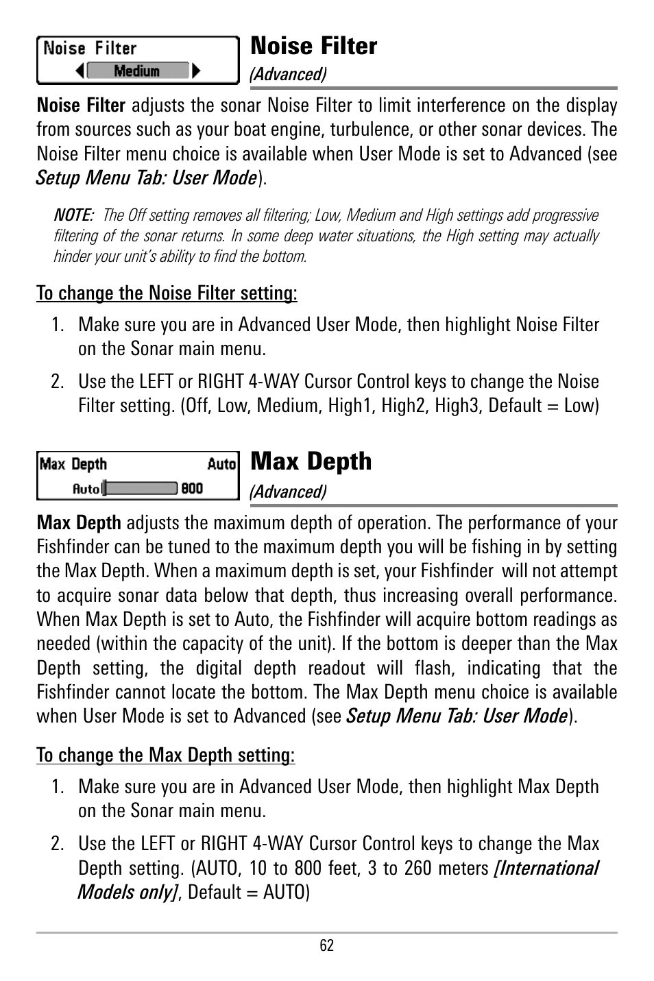 Noise filter, Max depth | Humminbird 580 User Manual | Page 69 / 134