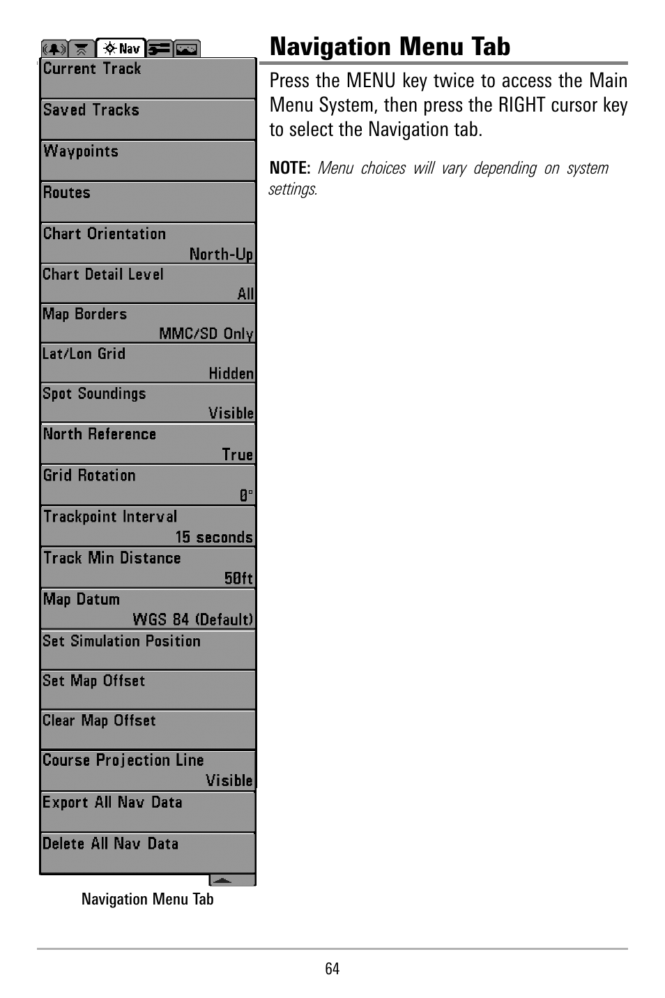 Navigation menu tab | Humminbird 580 User Manual | Page 71 / 134