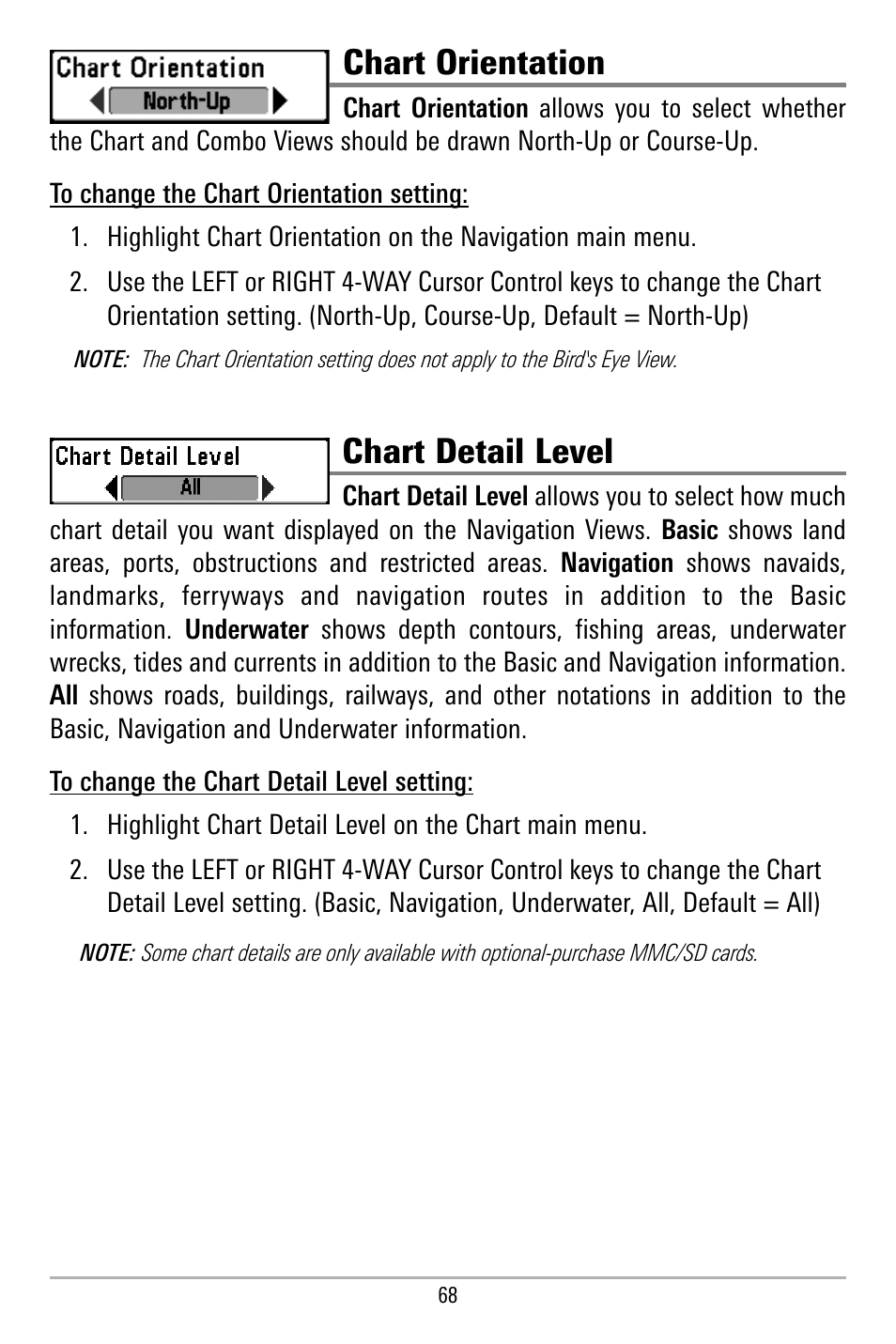 Chart orientation, Chart detail level | Humminbird 580 User Manual | Page 75 / 134