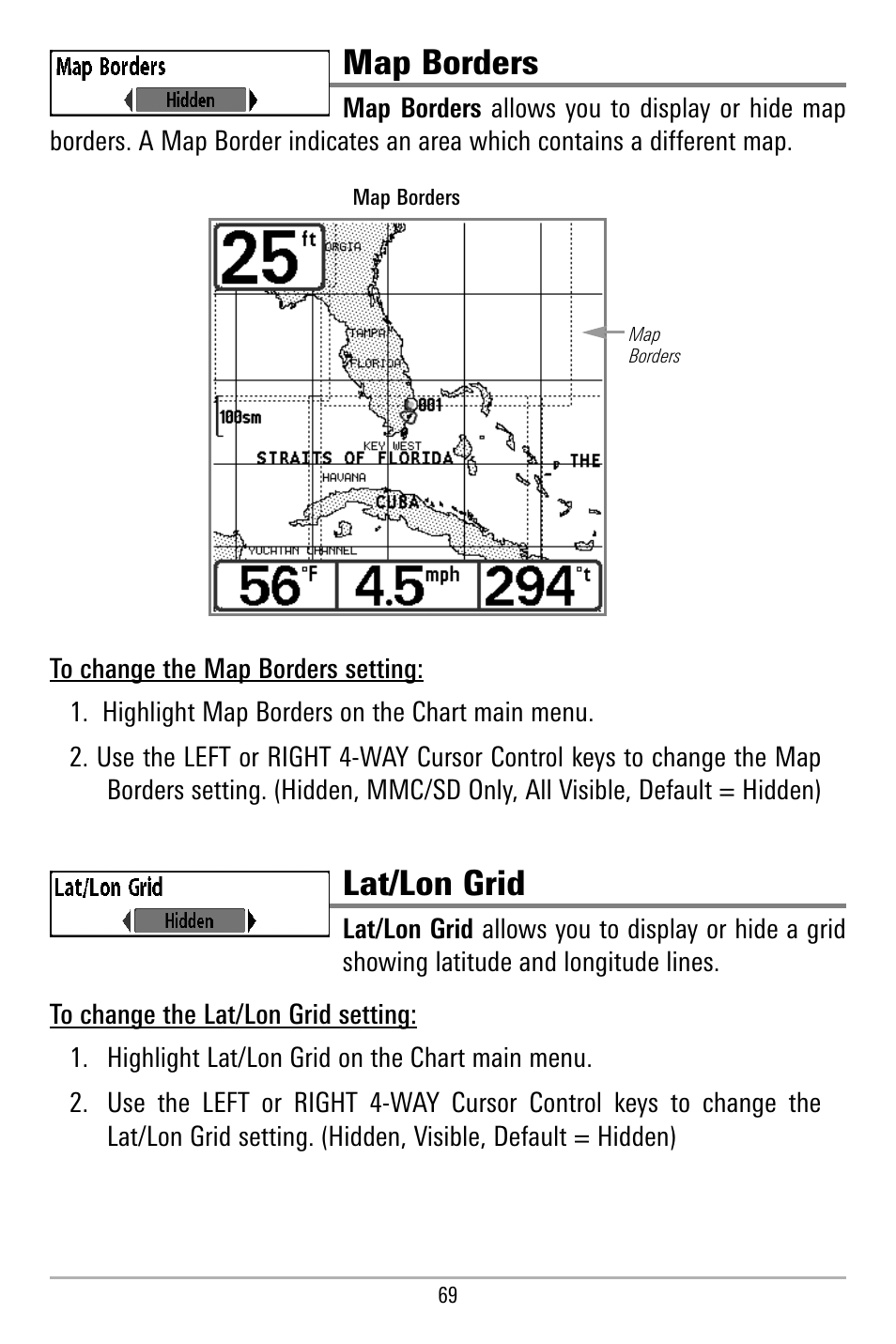 Map borders, Lat/lon grid | Humminbird 580 User Manual | Page 76 / 134