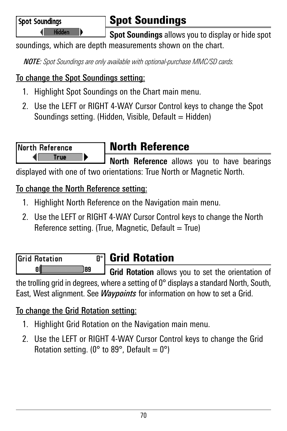 Spot soundings, North reference, Grid rotation | Humminbird 580 User Manual | Page 77 / 134