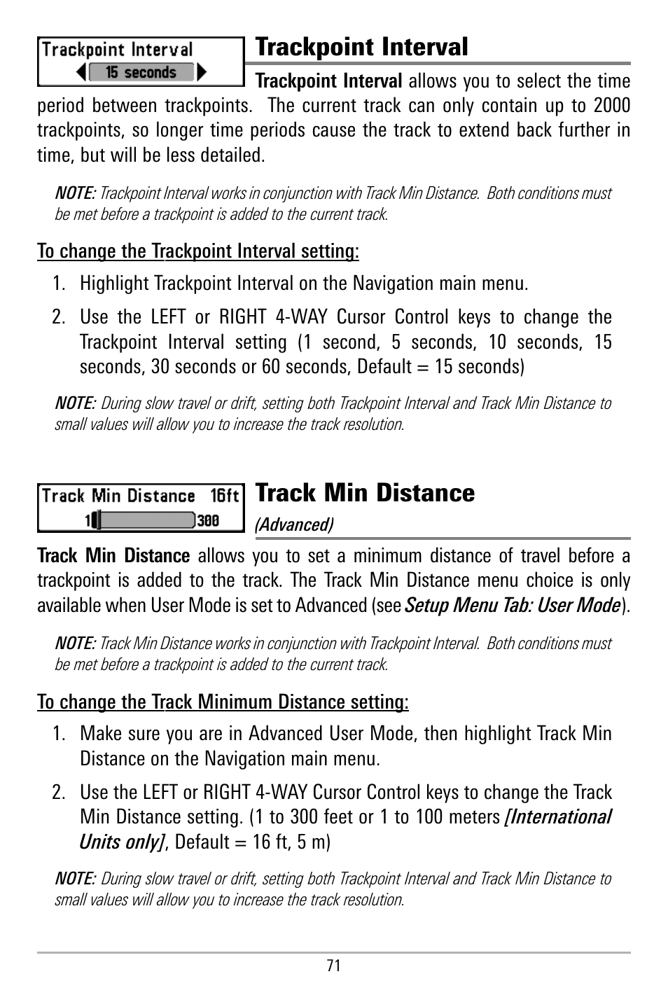 Trackpoint interval, Track min distance | Humminbird 580 User Manual | Page 78 / 134