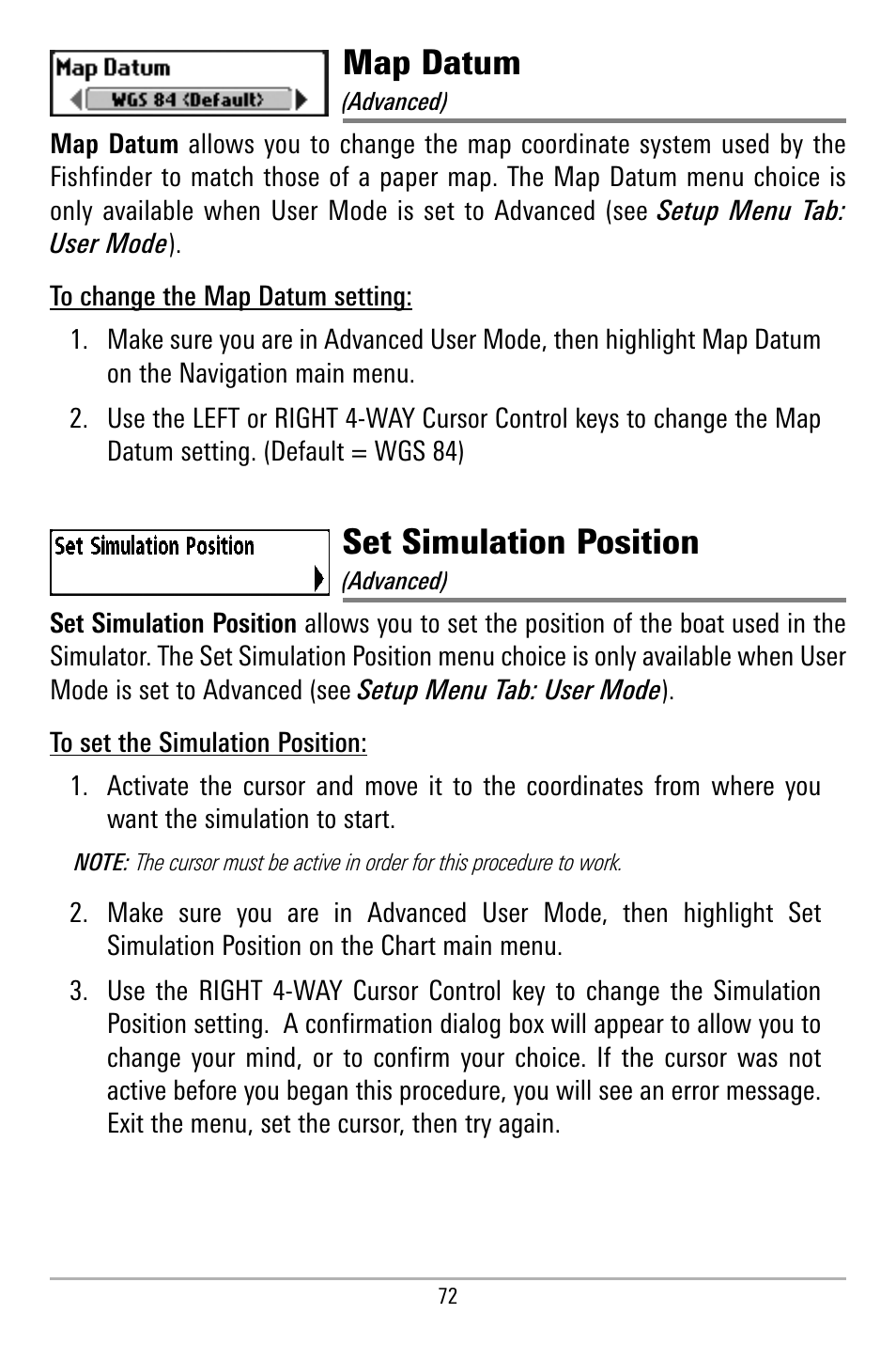 Map datum, Set simulation position | Humminbird 580 User Manual | Page 79 / 134