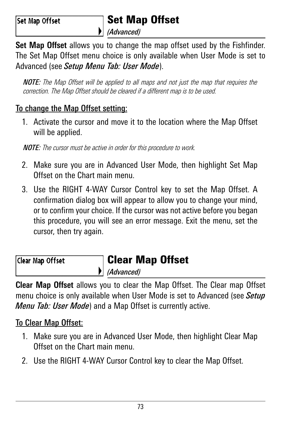 Set map offset, Clear map offset | Humminbird 580 User Manual | Page 80 / 134