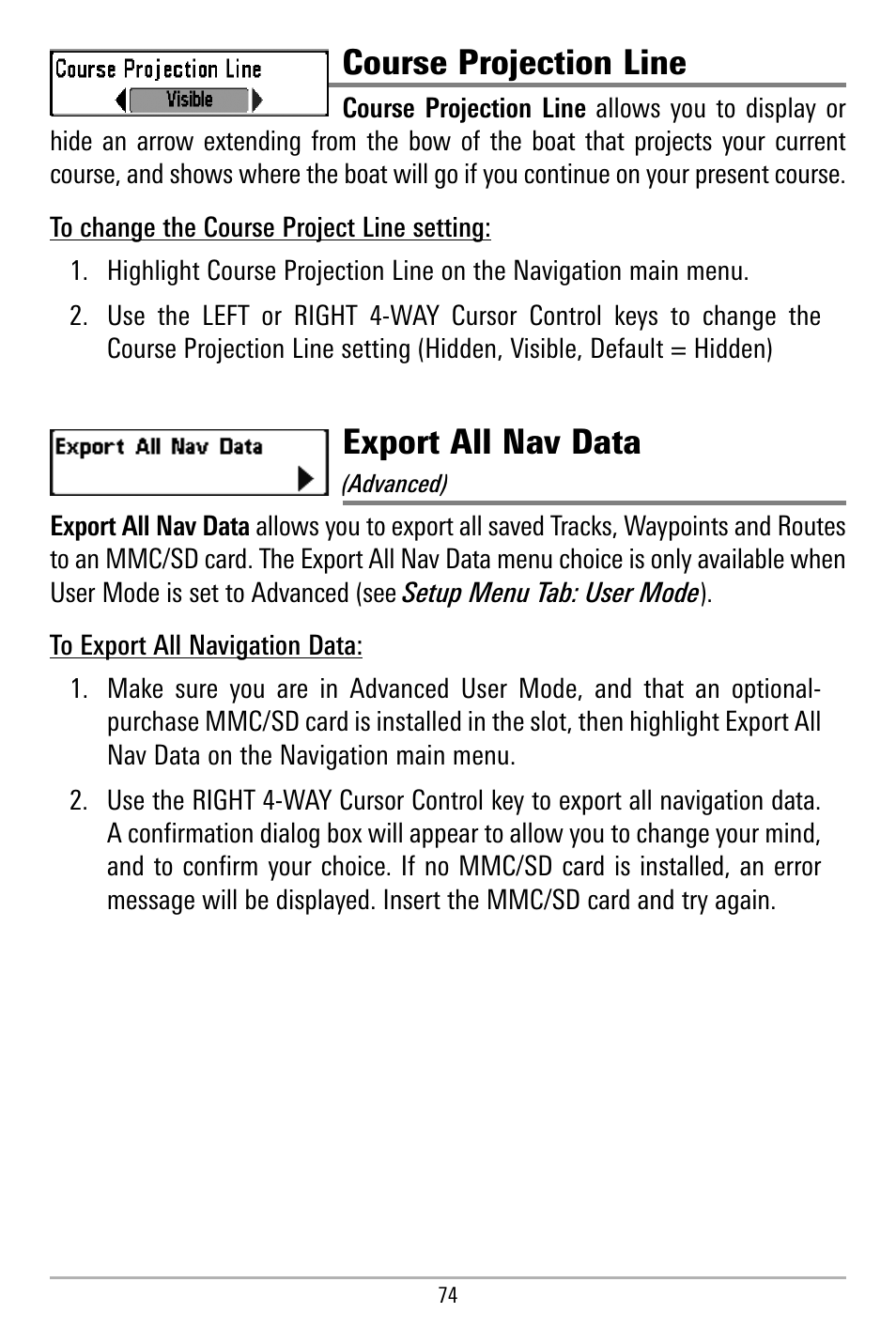 Course projection line, Export all nav data | Humminbird 580 User Manual | Page 81 / 134