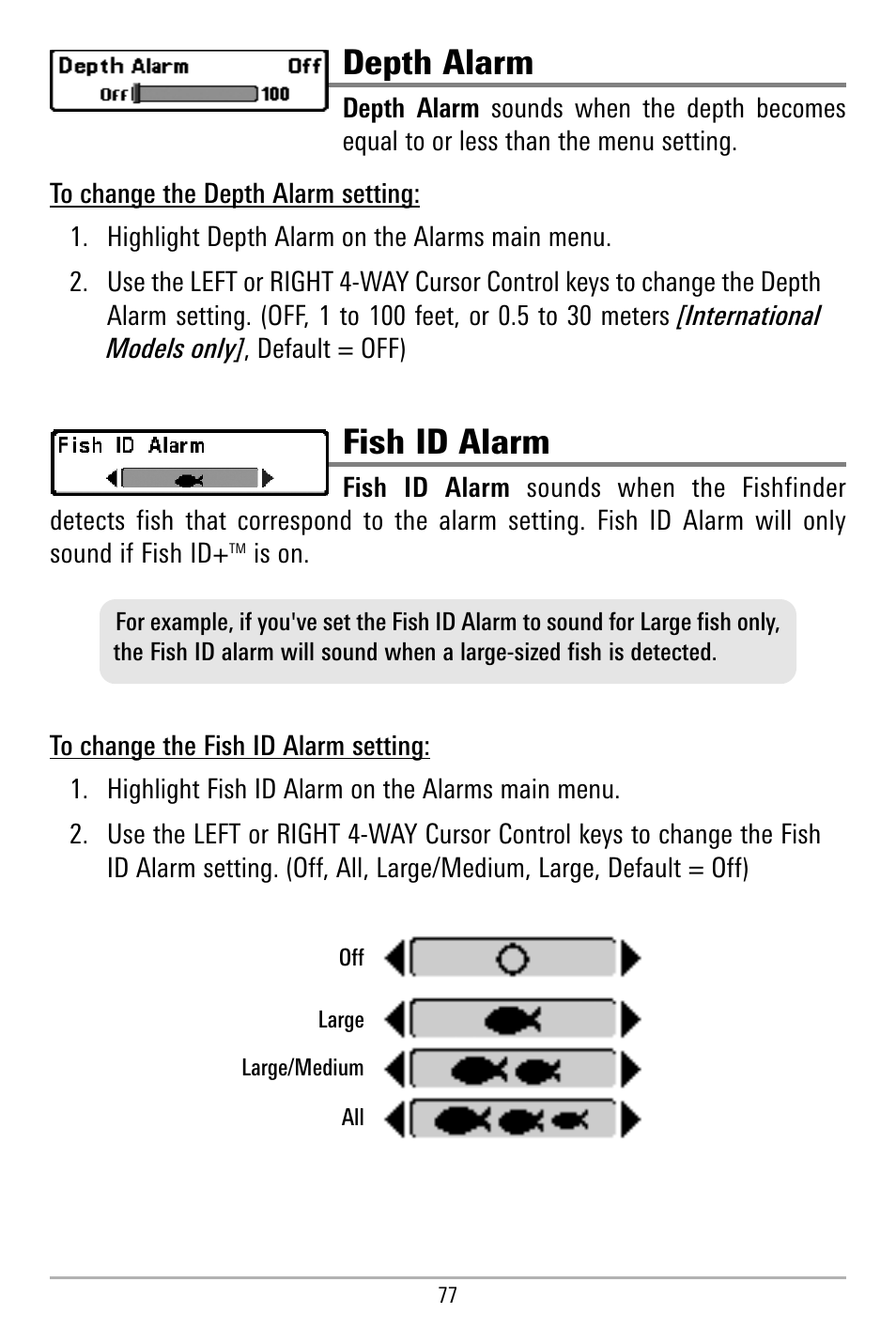 Depth alarm, Fish id alarm | Humminbird 580 User Manual | Page 84 / 134