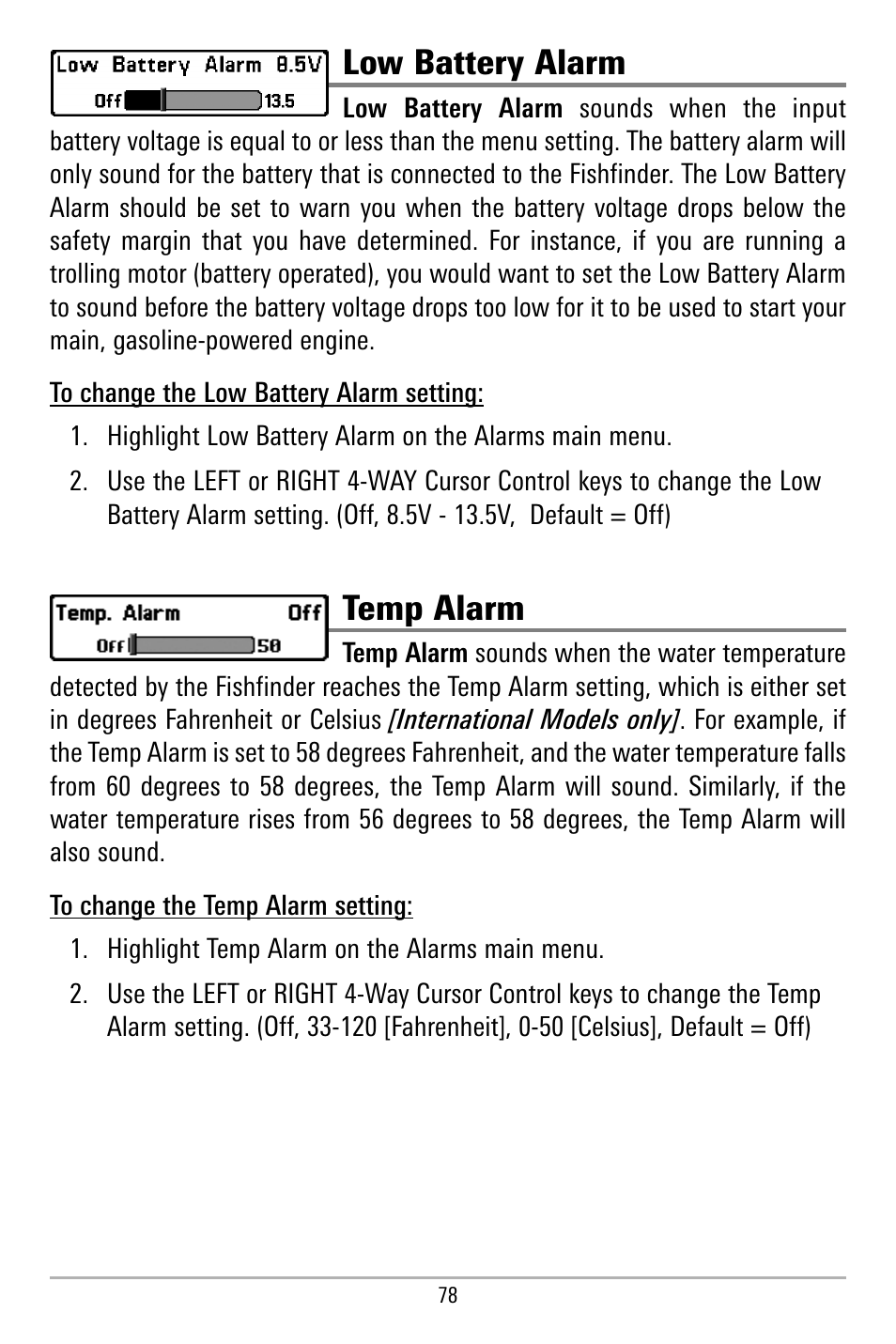 Low battery alarm, Temp alarm | Humminbird 580 User Manual | Page 85 / 134