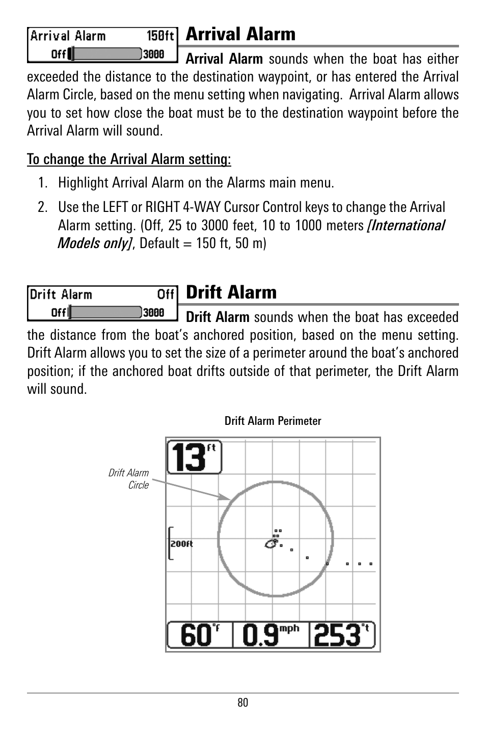 Arrival alarm, Drift alarm | Humminbird 580 User Manual | Page 87 / 134