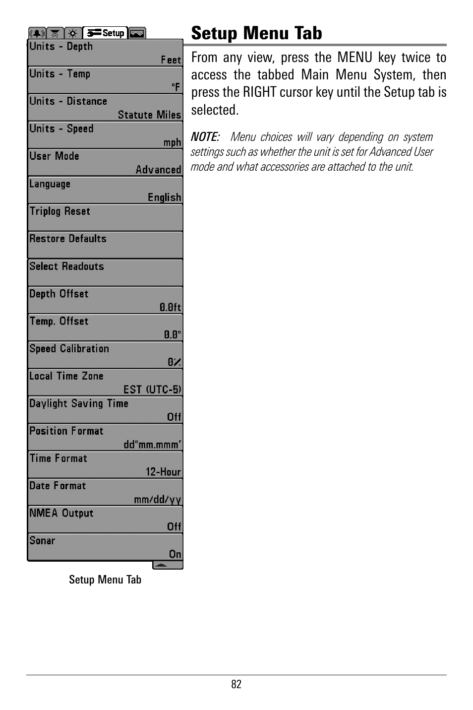 Setup menu tab | Humminbird 580 User Manual | Page 89 / 134