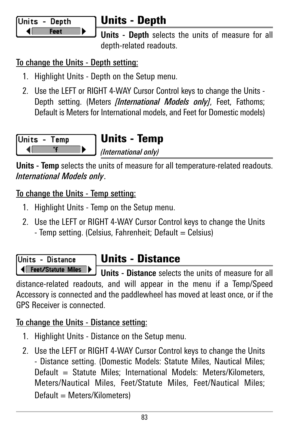 Units - depth, Units - temp, Units - distance | Humminbird 580 User Manual | Page 90 / 134