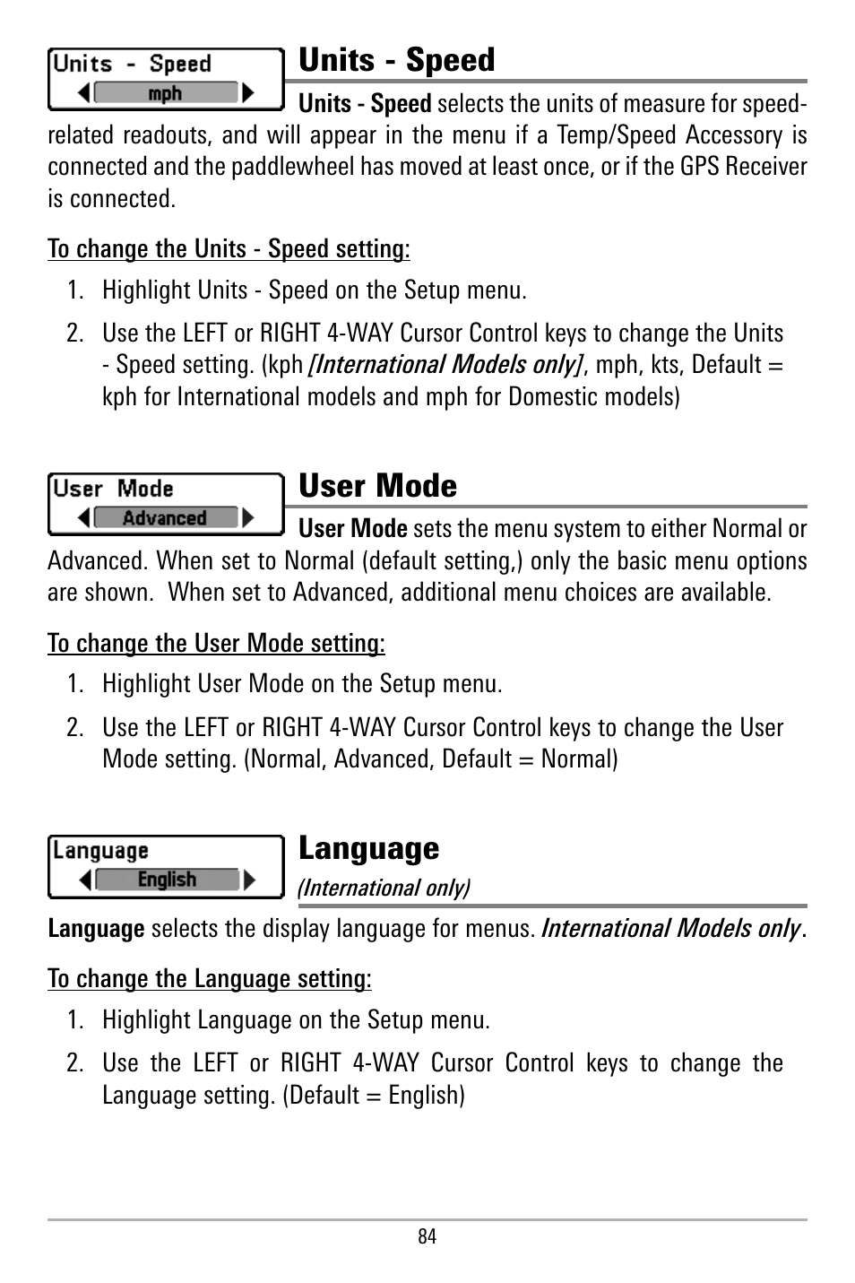 Units - speed, User mode, Language | Humminbird 580 User Manual | Page 91 / 134