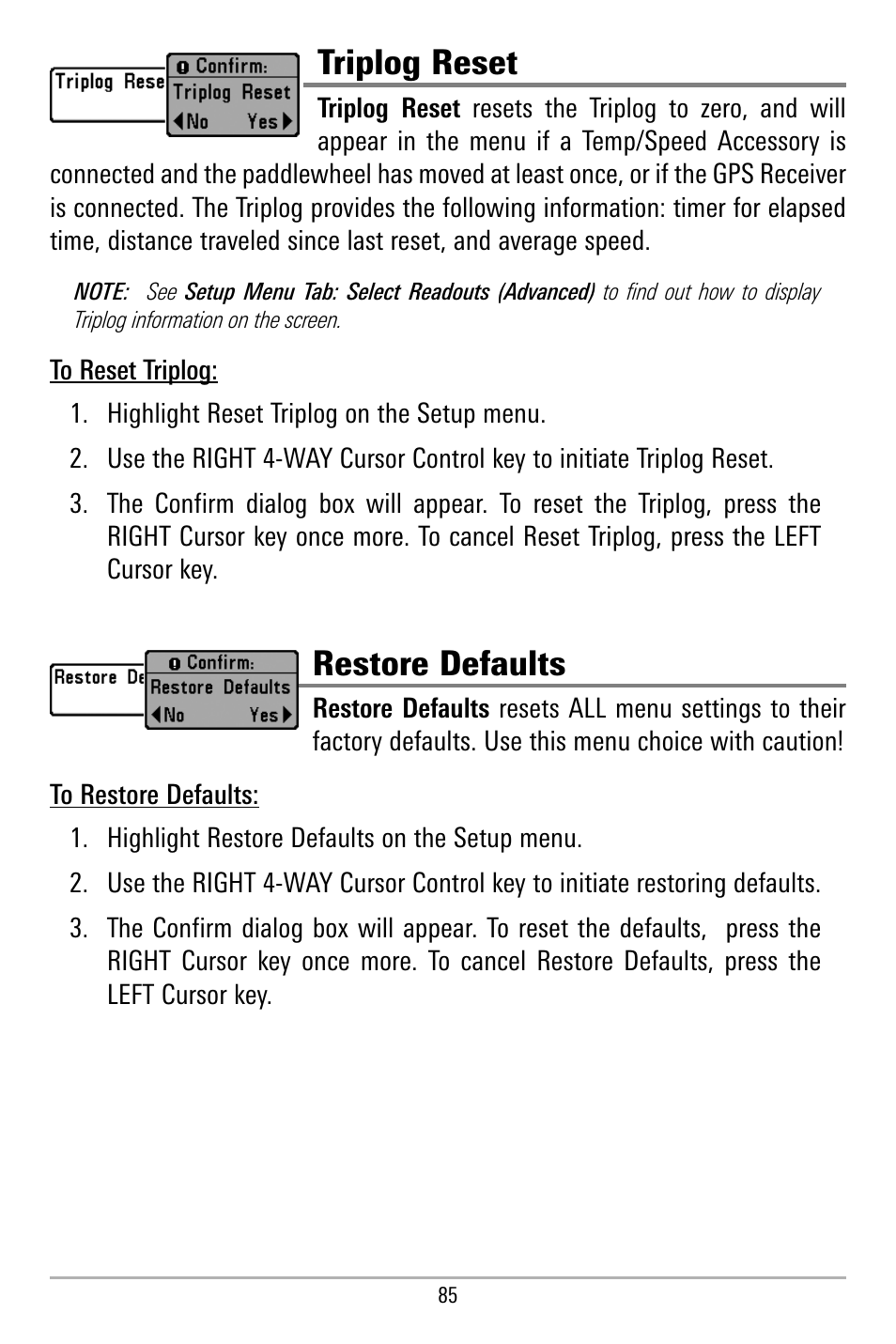 Triplog reset, Restore defaults | Humminbird 580 User Manual | Page 92 / 134