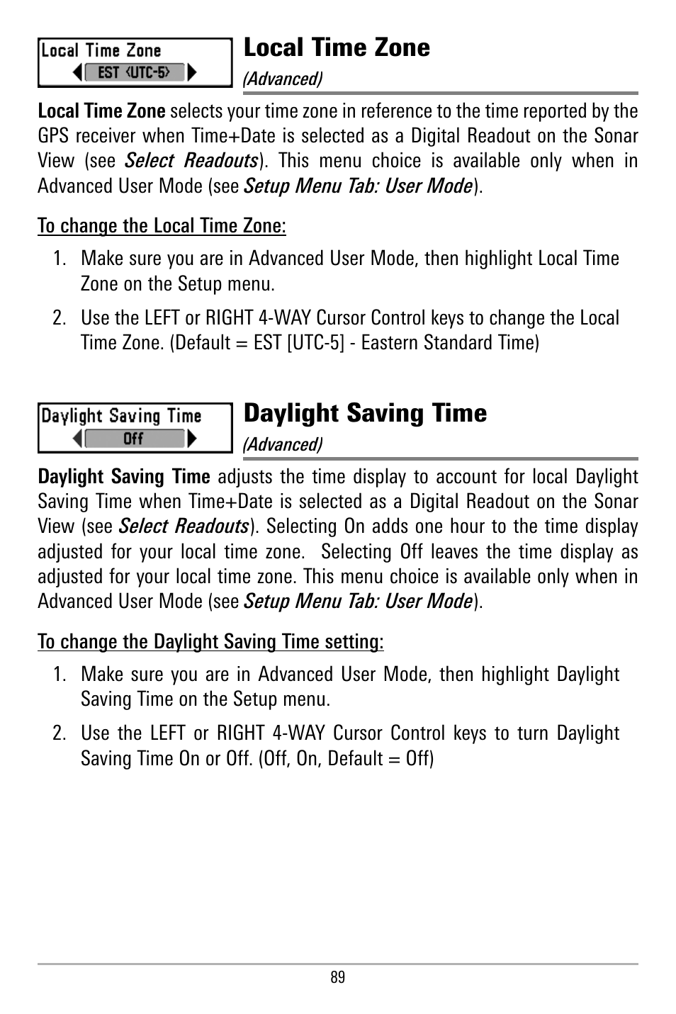 Local time zone, Daylight saving time | Humminbird 580 User Manual | Page 96 / 134