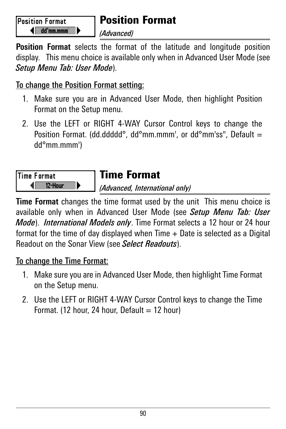 Position format, Time format | Humminbird 580 User Manual | Page 97 / 134