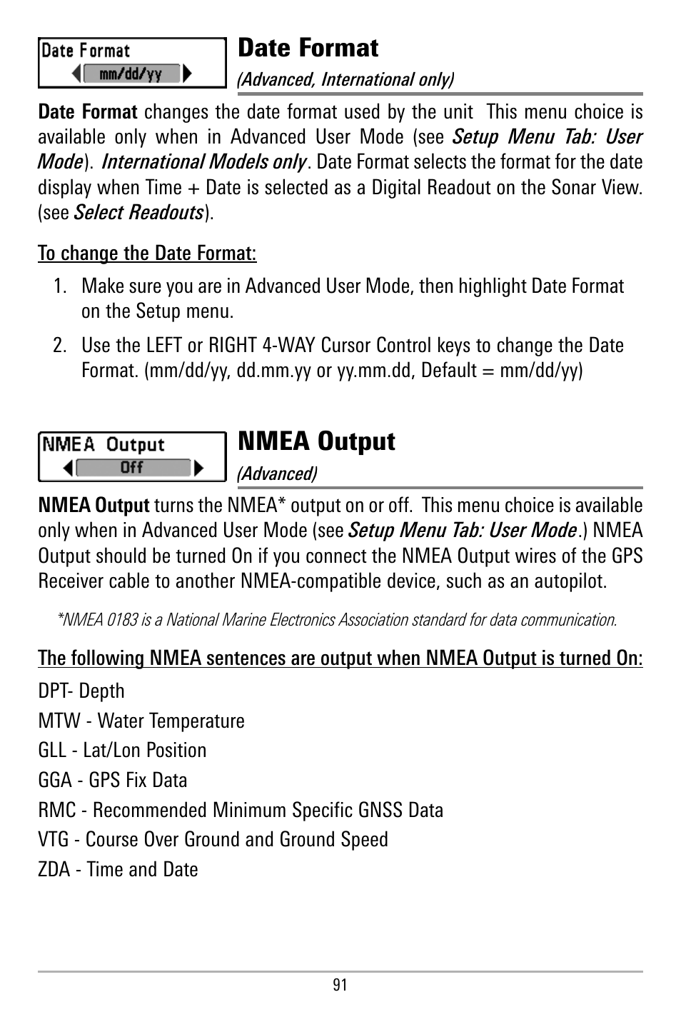 Date format, Nmea output | Humminbird 580 User Manual | Page 98 / 134