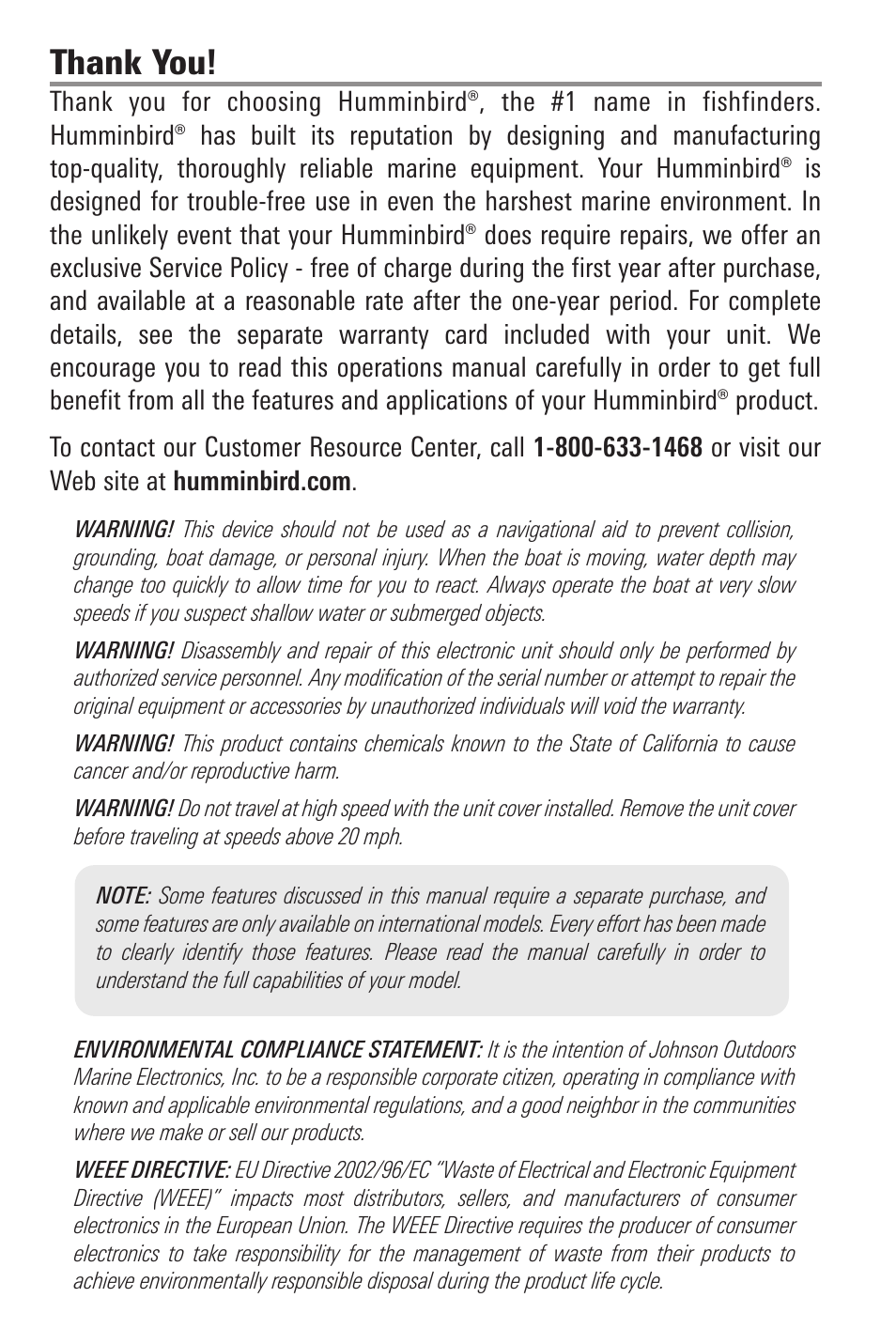 Thank you, Warnings | Humminbird 561 User Manual | Page 2 / 83