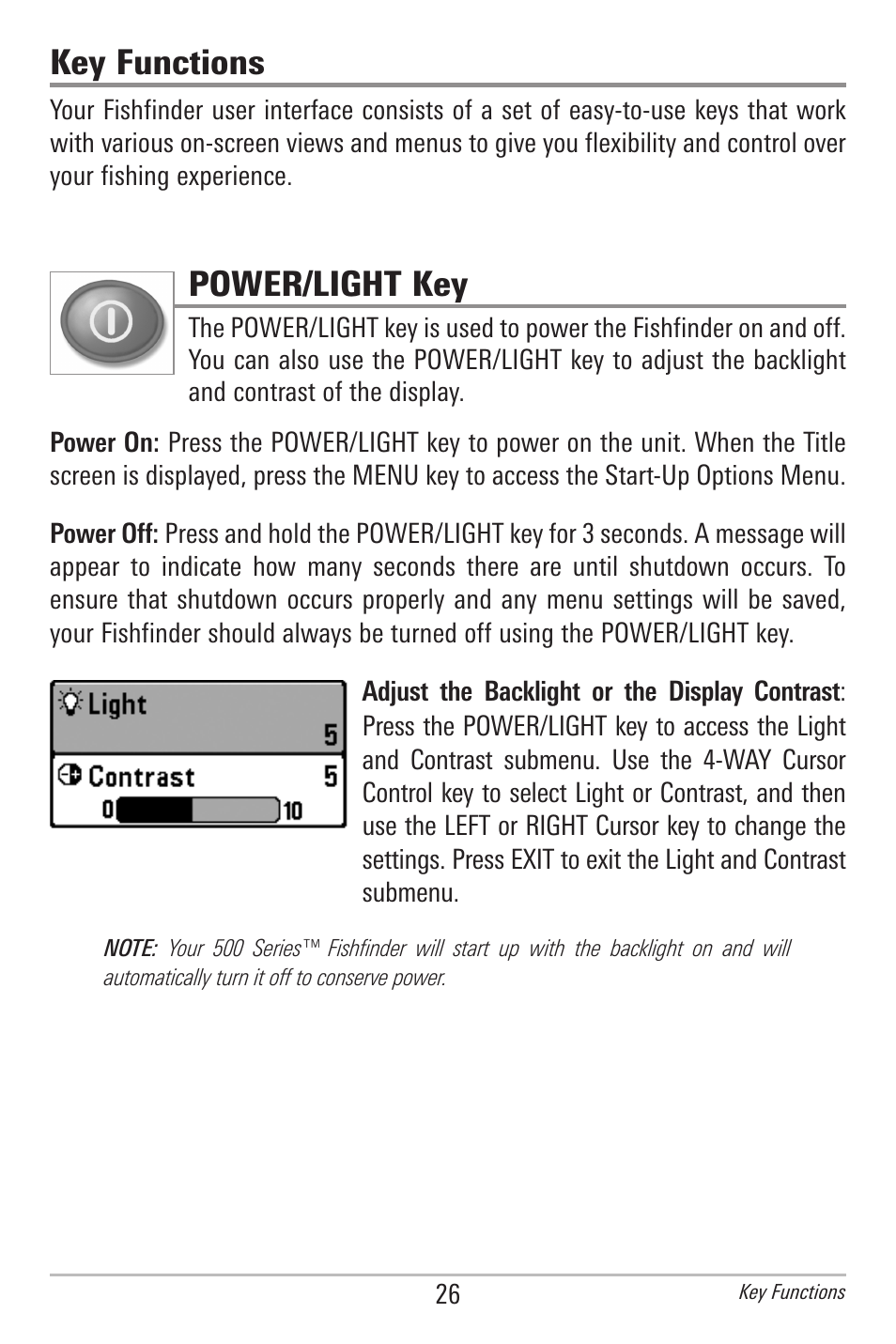 Key functions, Power/light key | Humminbird 561 User Manual | Page 33 / 83